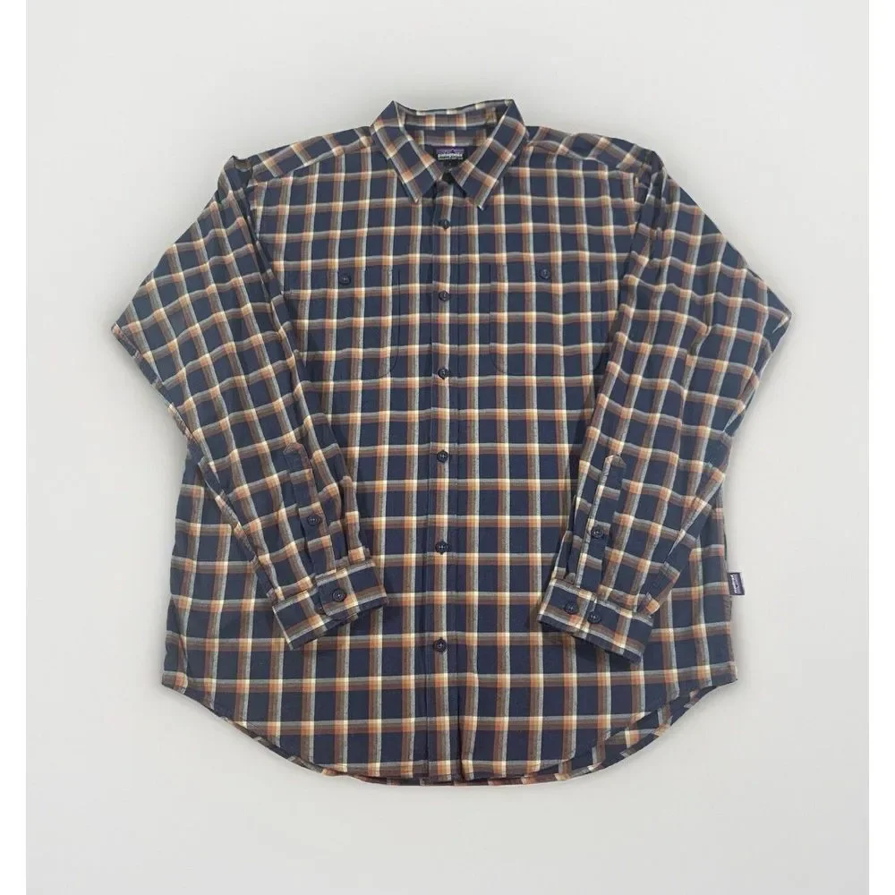Patagonia Worn Wear Organic Cotton L/S‎ Button Up Shirt Size L Blue Orange Plaid